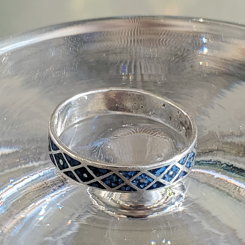 Taxco 925 Crushed Blue Stone Inlay Geometric Band Ring